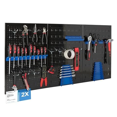 Arebos Ścienna Tablica Narzędziowa 6-częściowa | Zestaw 34 Haczyków i Uchwytów | 235,2x59,5 cm | Metalowa Perforowana Tablica do Warsztatu | Montaż w Zestawie | Niebieska