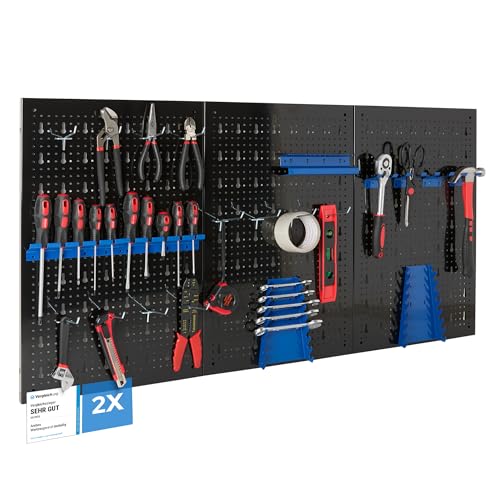 Arebos Panel Portaherramientas de Pared 6 Piezas | Kit con 34 Ganchos | 235,2x59,5 cm | Panel Perforado Metálico para Taller | Soportes para Herramientas | Incluye Material de Montaje | Azul