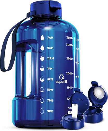 AQUAFIT 1 Gallon Water Bottle with Time Marker - Straw & Chug Lid - BPA Free Gym Water Bottle with Straw - Big Gallon Jug (Blue, 128 oz - 2 Lids)