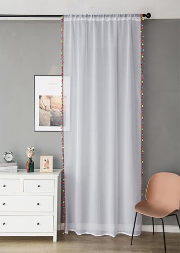 Homxi Cortinas Comedor Semitranslucidas 2 Piezas,2 x 100W x 130H CM,Cortinas para Ventanas Dormitorio Color Sólido con Borlas Blanco Cortina Dormitorio Bolsillo
