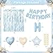 Blue Birthday Decorations, Dusty blue Sand White Confetti Foil Balloons Happy Birthday Banner Gold Butterfly Fringe Curtains, Light Blue Birthday Decorations for Boys Girls Women Men