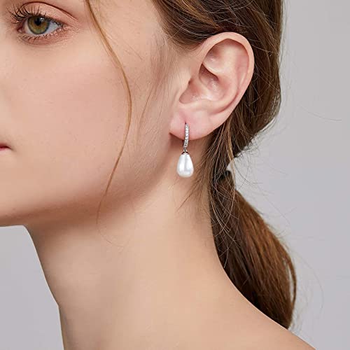 CERSLIMO Pearl Drop Earrings for Women | S925 Sterling Silver Post Simulated Shell Pearl Hoop Dangle Earrings, Hypoallergenic Cubic Zirconia Huggies Earrings Bridesmaid Jewelry2