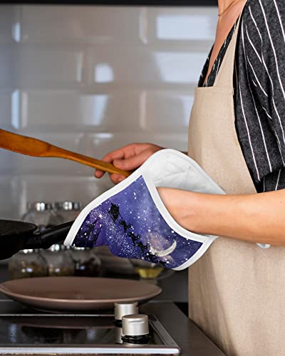 Christmas Santa Claus Reindeer Pot Holders With Pocket For Kitchen, Heat-Resistant Potholders Set Of 2, Hot Pads Oven Mitts With Hanging Loops For Home Cooking Baking Microwave, Snowflake At Night #TOP4