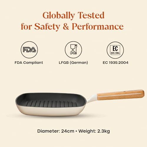 Image of CUMIN CO. Cast Iron Grill Pan | 24 cm, 1.2L | Induction Base Cookware | 10 Year Warranty | Non Toxic Non Stick Pan for Kebab and Tikkas | Chemical Free Coating | Grill Safe | White