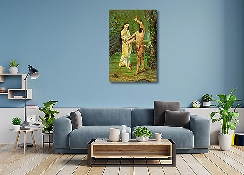 Image of Sikhash Raja Ravi Varma Canvas Painting - Classic Art, Indian Art, Mahabharata - Birth of Shakuntala, 12x8 inches (30x20 cm), Unframed, Multicolor, Living Room Wall Art