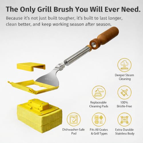Image of East Oak Bristle-Free Grill Brush with Heat-Resistant Cleaning Pad, 17 inch Long Handle Stainless Steel BBQ Grill Cleaner, Steam Cleaning Scrubber for Round, V-Shaped and Angled Grill Grates