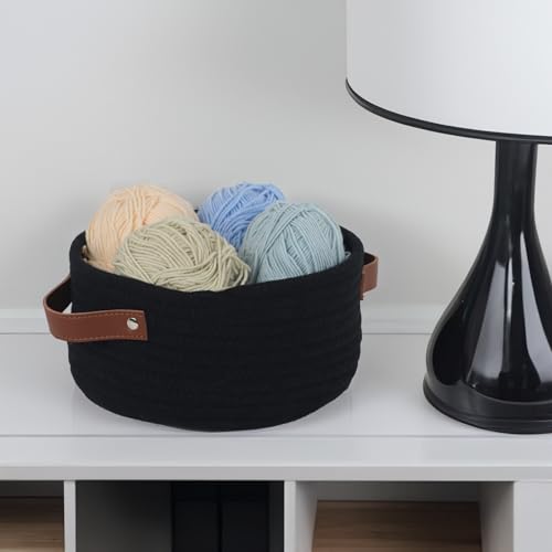 Image of Small Woven Basket, Cute Mini Cotton Rope Storage Basket with leather handle, Tiny Decorative Round Storage Bin, Boho Empty Gift Baskets for Organizing, Toy Organizer for Nursery (Black)