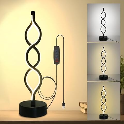 KHOCOEE Modern Table Lamp, Spiral Table Lamps for Bedroom Bedside Lamps with 1 USB Charging Ports 3 Colors of LED Lights Dimmable Lamps for Bedrooms with Switch Controller Cover