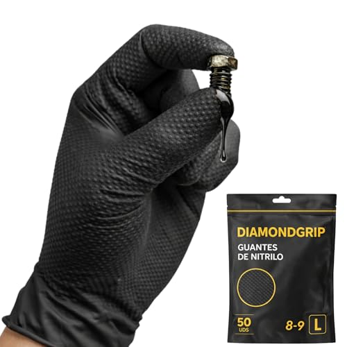 AFA Prime Guantes Desechables de Nitrilo Negro – Profesionales hasta 10,4g Triple Resistencia | Doble Diamantado incluso con Aceite | Guantes Trabajo para Taller, Industria, Limpieza y Hogar | L |