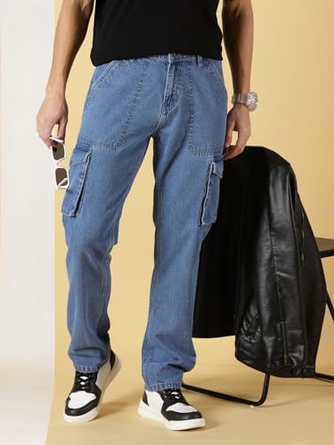 Image of Thomas Scott Men Comfort Relaxed Fit Clean Look Light Fade Pure Cotton Cargo Jeans, Mid Rise, Blue, 32