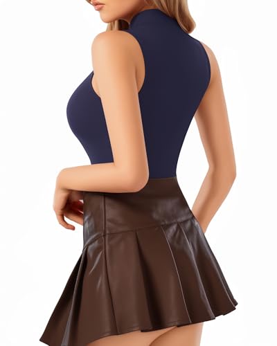 Image of MANGOPOP Women's Mock Turtle Neck Sleeveless Tank Tops /Long Sleeve Bodysuit Jumpsuit (A1 Navy Blue (Modal), Large)