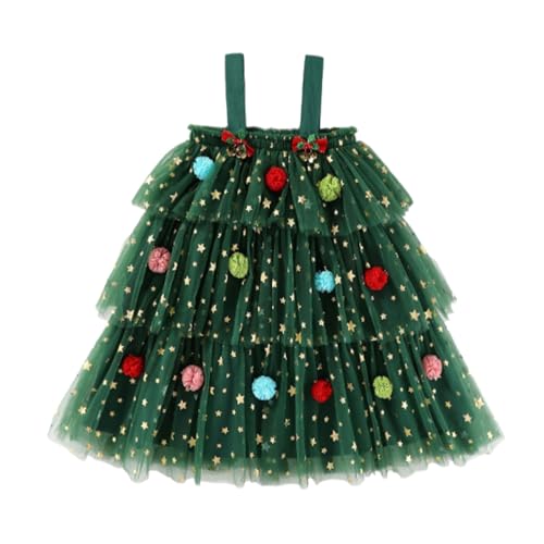 Vestido de Navidad para niñas pequeñas, con Lentejuelas y Pompones, Vestidos tutú de Tul en Capas, Ropa de Navidad Vestido para niña Floral Volante Fruncido Tul Falda Aleteo Manga Acampanada