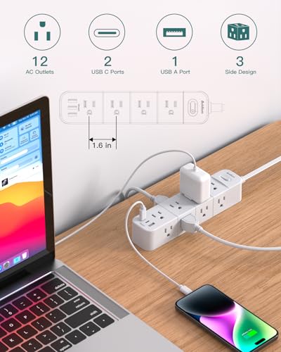 Image of 15ft Surge Protector Power Strip, Flat Plug Extension Cord with 12 Outlets, 3 USB Ports (2 USB C), Long Cord Power Strips with