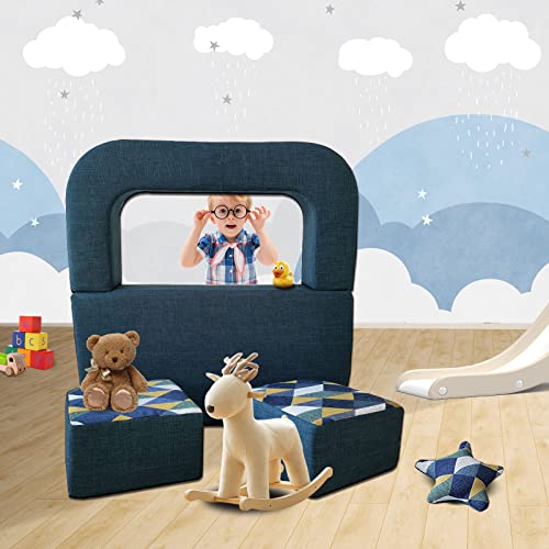 Anoner Kids Couch Convertible Toddler Sofa 4Pcs With Memory Foam Fold Out Kids Sofa Bed, Play Couch Chair For Children Boys And Girls, Dark Blue #TOP1