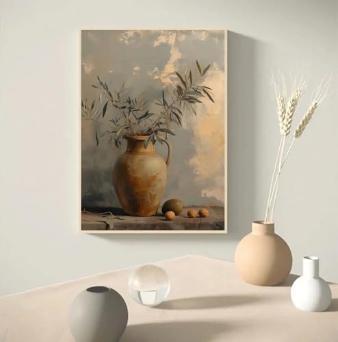 Peinture sur toile olivier vase nature morte décoration intérieur vintage 70x100cm