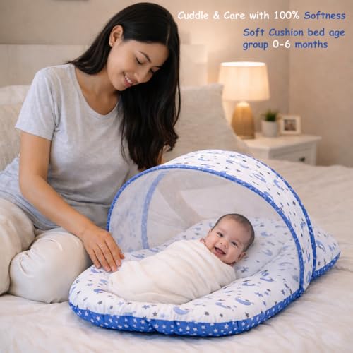 Image of Infantbond Designer Mattress with Net | Baby Sleeping Bag | Carry Bed (0-6 Months) (Moon Blue (N,S))