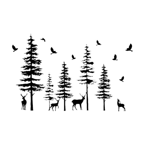 Pegatinas de tallado fino Enorme Pino Ciervo Animal Lodge Jungla Bosque Ciervo Árbol Pájaro 48x74.3cm Removible sin dejar pegamento Negro