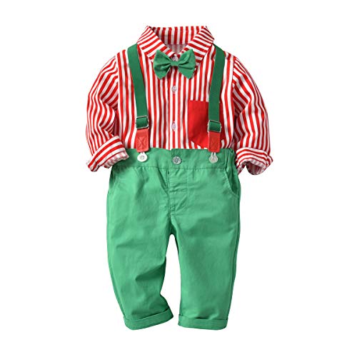 Baby Boy Gentleman Stripe Shirt Bowtie Pants Christmas Outfits Suits Toddler Suspender Overalls Clothes Sets (Red Stripe, 4-5T(120))