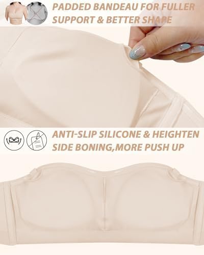 Strapless Bra for Women Bandeau Bra Wireless Seamless Padded Tube Top Non-Slip Bandeau Top with Hook and Eye Closure - Image 4