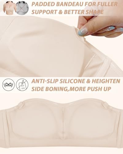 Image of Strapless Bra for Women Bandeau Bra Wireless Seamless Padded Tube Top Non-Slip Bandeau Top with Hook and Eye Closure