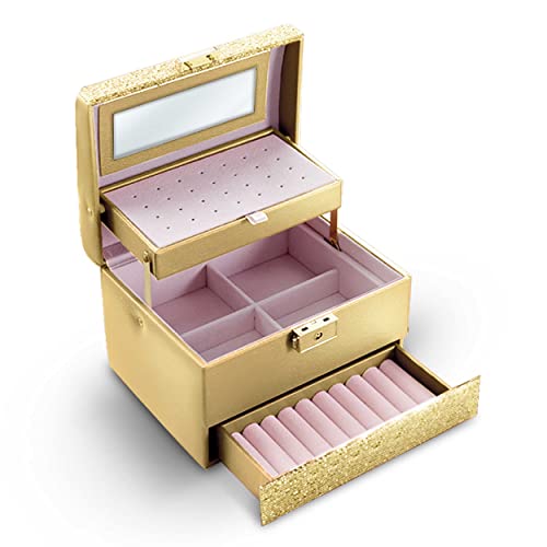 Boîte à bijoux avec miroir et rangement portable doré 17cm