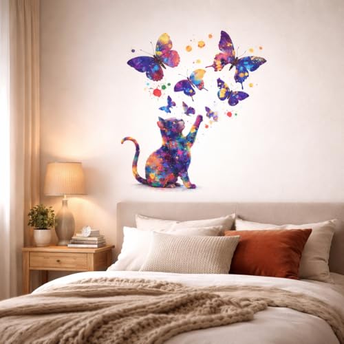 Image of Rangoli Colorful Cat Butterfly Wall Sticker 16 x 18.5 Inch Abstract Paint Splash Design Self Adhesive Wall Decor for Living Room Bedroom Kids Room Modern Wall Art