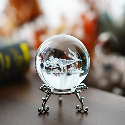 Hdcrystalgifts 3D Laser Etched Crystal Dinosaur Ball Figurine,60Mm Animal Crystal Decorative Ball Paperweight Engraving Glass Jurassic World Sphere With Stand Ornament #TOP7