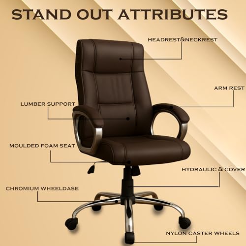Image of Vista Ergonomic Leatherette Boss Chair for Office | High Back Revolving Chair for Home, Office, Study & Gaming | Height Adjustable Office Chair in Crome Base | 1pc (Brown)