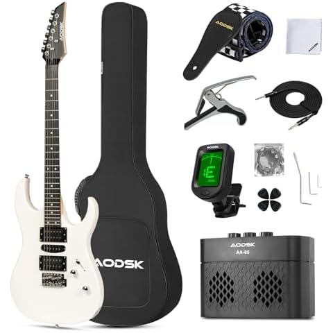 AODSK Electric Guitar,39" Beginner Electric Guitar Kit,Full Size Electric Guitar Starter Kit with Amp,Case and Accessories Pack Beginner Starter Package-White Cover