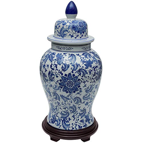 Red Lantern 24" Floral Blue & White Porcelain Temple Jar
