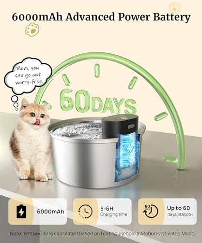 Wireless 3.2L/108oz Stainless Steel Cat & Dog Water Fountain – Cordless Pet Dispenser with Ultra-Quiet Pump, Motion Sensor, Easy-to-Clean Hygienic Design, Encourages Hydration, Multi-Pet Homes - Thumbnail 3