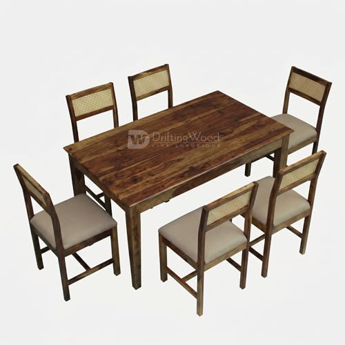 Image of DRIFTINGWOOD Amber 6 Seater Solid Sheesham Wood Dining Table Set with 6 Rattan Cushioned Chairs | Modern Dining Room Furniture, Rich Teak Finish (DIY)