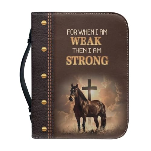 Image of Talayituse Cross Horse Print Bible Covers for Women Men for When I am Weak Then I am Strong PU Leather Christian Bible Case Bible Bag Book Carrying Case Christian Bible Accessories with Handle, M