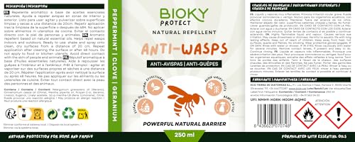 Bioky Protect Anti Avispas Spray Exterior 250ml | Repelente Avispas para Terraza, Piscina y Jardín | Anti-Nidificación con Menta, Clavo y Geranio | Ideal para Cornisas, Aleros, Sombrillas y Porches