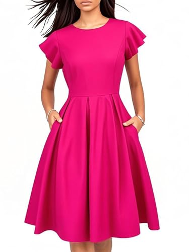 Image of oxiuly Women's Flounce Sleeve Wedding Church Vintage Dresses Casual Floral Party Cocktail Work Dress with Pockets Fei376