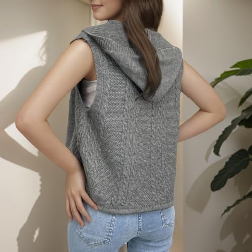 Image of Velius Women Knit Button Down Drawstring Sweater Vest Crop Top with Hood