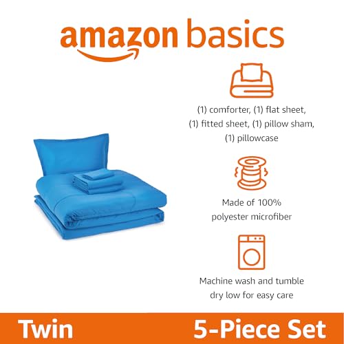 Image of Amazon Basics 5-Piece Microfiber Kid's Bed-in-a-Bag Bedding Set, Twin, Blue, Solid