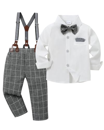 Image of YALLET Toddler Baby Boy Clothes Suit Gentleman Wedding Outfits Formal Dress Shirt+Bowtie+Suspender Pants