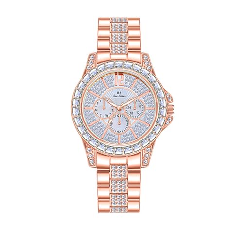 SLYHHZHMY Tondo Grande Quadrante Strass Decorazione Orologio Signore Acciaio Inox Da Polso Impermeabile Orologio Al Quarzo (Oro rosa)