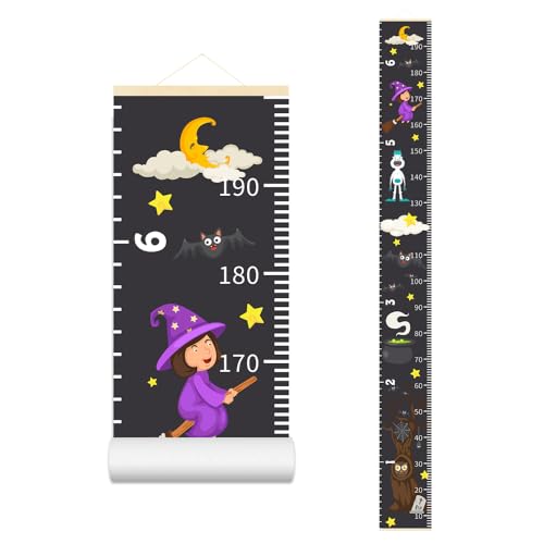 Baby Height Growth Chart – Canvas Height Chart for Kids Baby Child Toddler Boys Girls Growth Chart for Wall Room Nursery Decor Hangable and Removable Measuring Wall Ruler (Witch, Beige Wood)