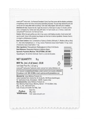 Image of Everyuth Naturals Tan Removal Chocolate & Cherry Face Pack Sachet | De-Tan & Brightening Face Pack | Paraben Free | Suitable for All Skin Types | Visible Results from 1st Use | 9g | Sachet | Pack of 10