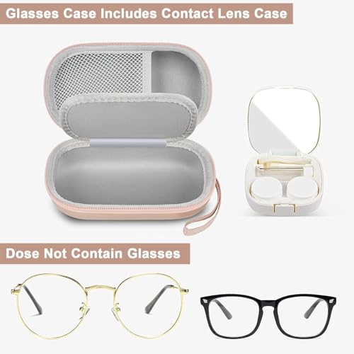 Portable 2 in 1 Contact Lens Case and Glasses Case, Traveling Contact Cases Bag Box Holder with Soak Storage Kit Included Built-in Mirror, Tweezer, Contact Lens Solution Bottle and Hand Strap-Gold