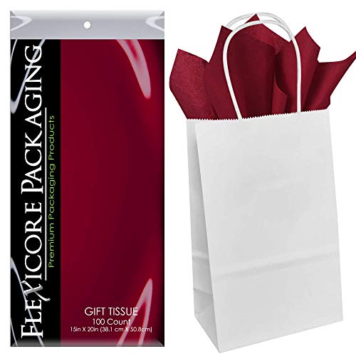 Flexicore Packaging White Kraft Paper Gift Bags & Burgundy Gift Wrap Tissue Paper Size: 5.25 Inch X 3.5 Inch X 8.5 Inch | Count: 50 Bags | Color: Burgundy