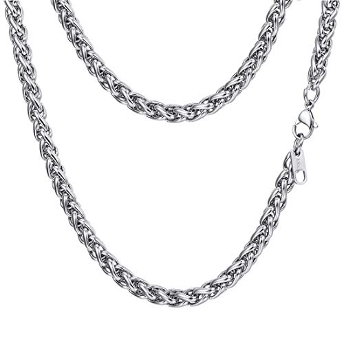 PROSTEEL 3mm/6mm Rope Chain Necklace for Men, Black/Gold Plated Mens Chain Necklace, Stainless Steel Necklace Chain for Men Women, 18"-30", Come with Box 18 inches B. Wheat chain-6mm-Silver