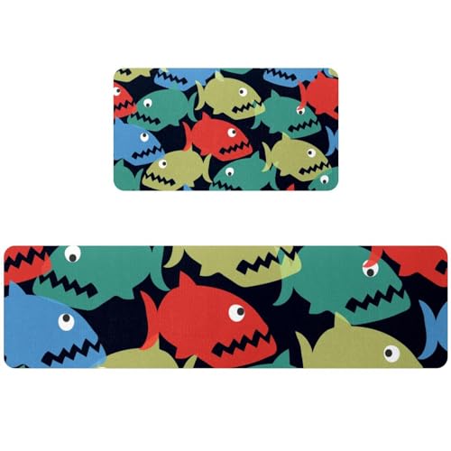 Alfombra de cocina absorbente para pasillo y cuarto de lavado con alegres peces piraña 2