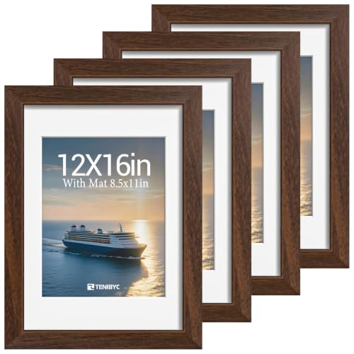 TENIBYC 12x16 Picture Frame 4 Pack, 8.5x11 Mat, Brown Wood, Glass