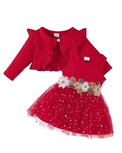 Newborn Baby Girl Christmas Tutu Dress Red Sequin Dresses Sleeveless Flower Dress with Long Sleeve Cardigan Set Birthday Party Princess Wedding Dresses for Baby Girl 3-6 Months Clothes