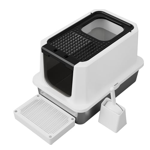 RIZZARI Enclosed Cat Litter Box: Pink Stainless Steel Odorless Litter Box with Top Exit - Teflon Non-Stick Coating - Anti Leakage - Large Litter Pan for Small to Large Sized Cats in Living R