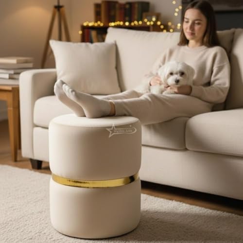 Image of Round Single Strip Upholstered Stool Living Room Foot Rest Linen Fabric Padded Seat Pouf Ottoman Office Stool Cream