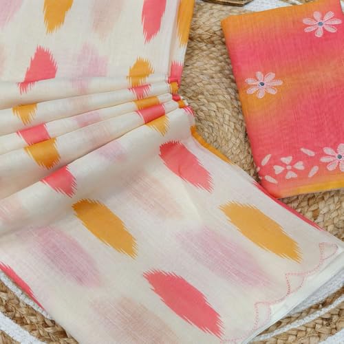 Image of Women's Linen Cotton Blend Saree Multicolor Ikat Brush Print Scalloped Border with Floral Print Unstitched Blouse Piece
